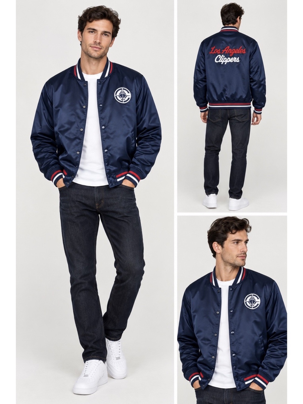 New Courtside Supply Los Angeles Clippers Navy Blue Satin Bomber Jacket